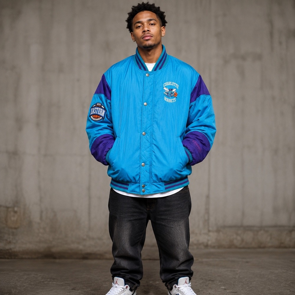 Vintage 90s Charlotte Hornets Nutmeg Campri NBA Puffer Jacket Teal Purple Men XL